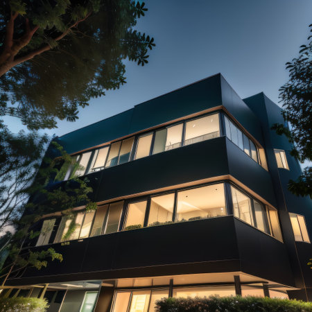 Modern Green Building in Urban Glass Tower with Nighttime View of Tree AIの素材