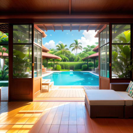 home or house building Exterior and interior design showing tropical poolの素材