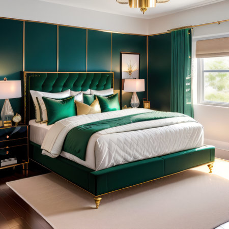 A modern bedroom with golden accents features a king size bed with beddingの素材