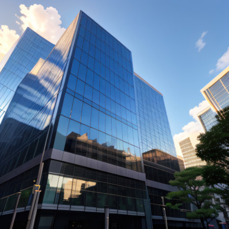 Sunset reflected off modern glass facades of Busy modern city lifeの素材
