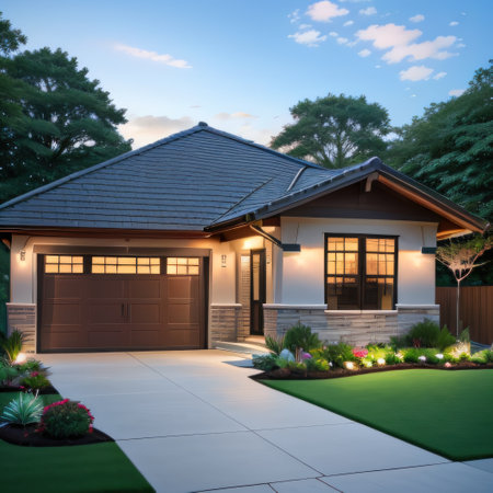 Modern American Front Yard adorned with Turf and Wood Edging for a Polishedの素材