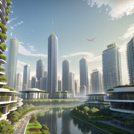 Ecological green city with futuristic future modern creative architectureの素材