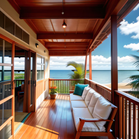 of covered balcony porch with comfortable couch and potted plants withの素材