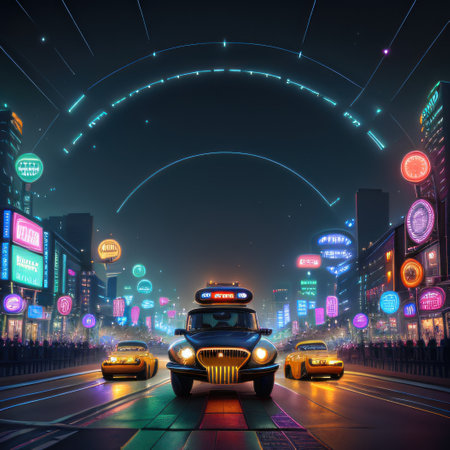 car standing in front of a future city retroの素材