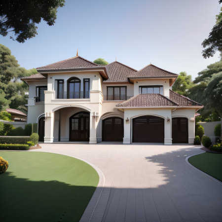 of a modernparked in front of a luxurious villa created with technologyの素材