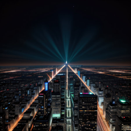 A vibrant city skyline illuminated at nightの素材