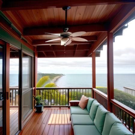 of covered balcony porch with comfortable couch and potted plants withの素材
