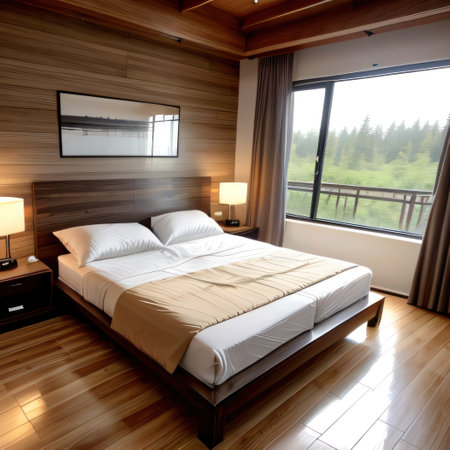 Interior of modern bedroom with wooden and concrete wooden floor andの素材
