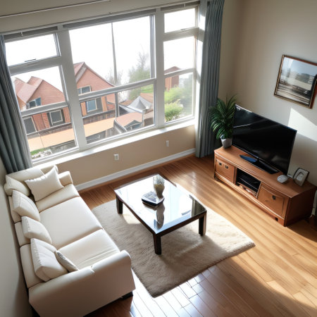 An aerial view of a floor plan of a house with a couch and a Bedroomの素材