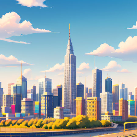 City skyline art on sunny Minimal colorful digital Digitalの素材