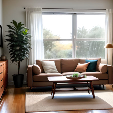 Modern living room with a transparent wallの素材