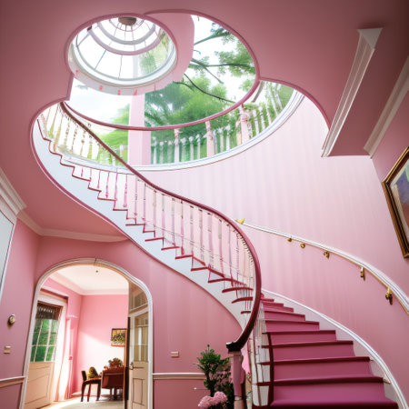 the pink color of the living room and staircase are brightの素材