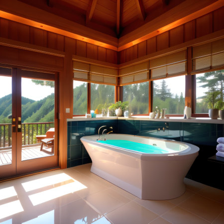 Badewanne aus Keramik und Holz im luxuriÃ¶sen Badezimmerの素材
