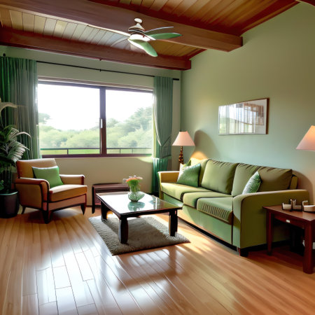 Modern kitchen with living room area Green coloredの素材