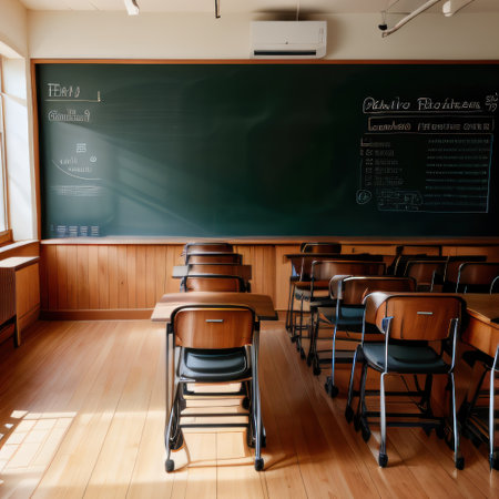 Empty Back to school concept in high Classroom Interior Vintage Woodenの素材