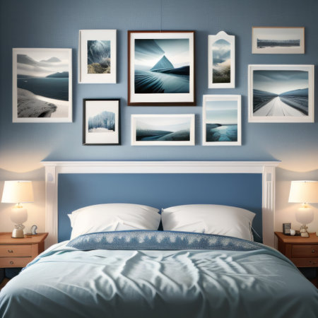 Bright blue Scandinavian bedroom with three vertical frames and posterの素材