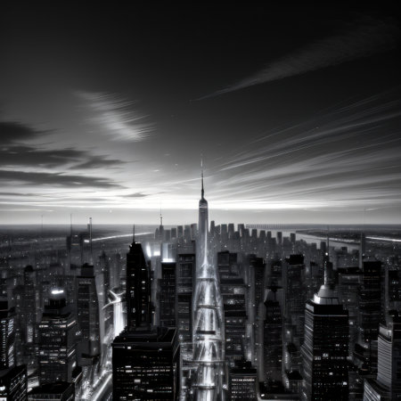 Black White photo of a successful standing on the top of a building whileの素材