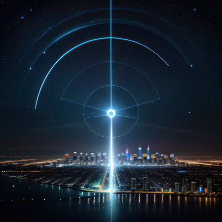 Abstract skyline at night in the future with light created byの素材