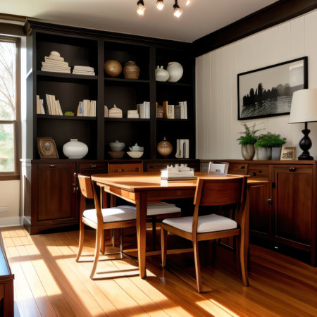 Blurred of white wooden bookcase filled with books in a home settingの素材