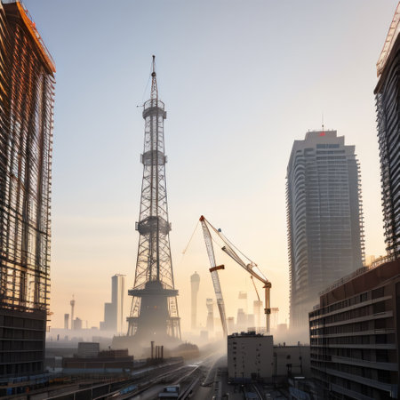 construction site with towering working on buildingの素材