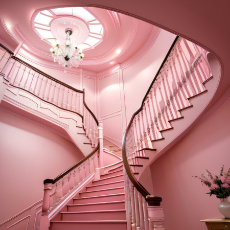 the pink color of the living room and staircase are brightの素材