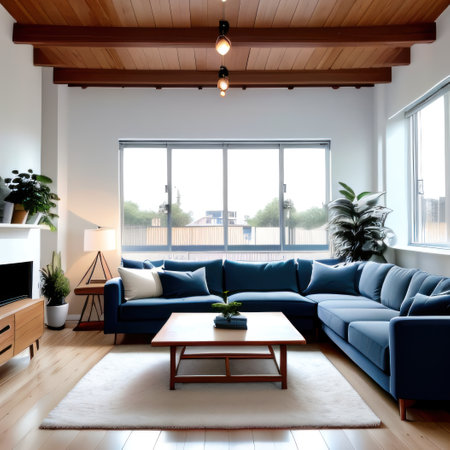 Modern cozy luxury living room in blue and beige Large corner round coffeeの素材