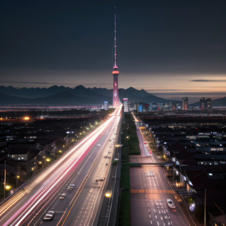 Smart digital city with high speed light trail ofof digital dataの素材