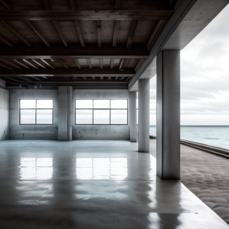 a modern concrete room with an ocean and roughの素材