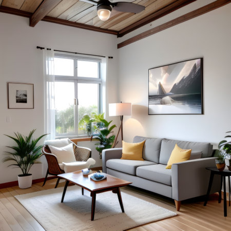 Rectangular frame poster on the light concrete wall in the living interiorの素材