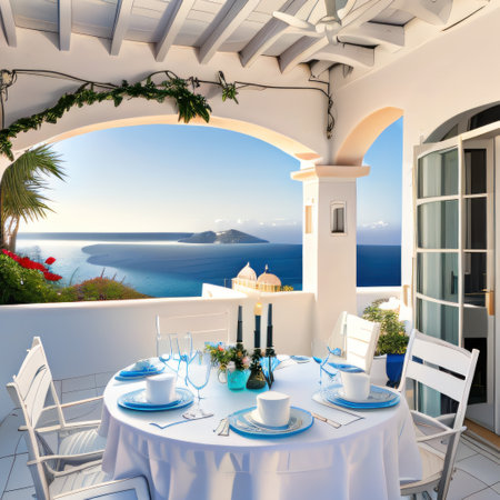 Greek island house overlooking the Aegean Seaの素材