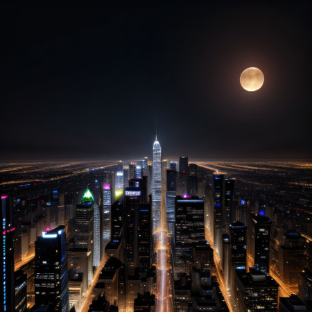 exquisite cityscape showcasing the dazzling lights of towering skyscrapersの素材
