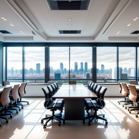 Empty cleaned meeting room with a view of the city skyline at beautifulの素材