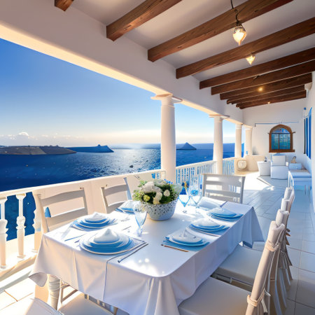 Greek island house overlooking the Aegean Seaの素材