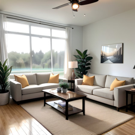 modern living room with large windows and stylishの素材
