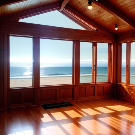 Large windows in a room overlooking the sunset on the beachの素材