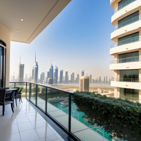 Impressive spacious penthouse terrace with pool and views of Skyscrapersの素材