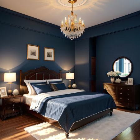 Elegant bedroom with a dark blueの素材