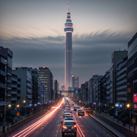 Smart digital city with high speed light trail ofof digital dataの素材