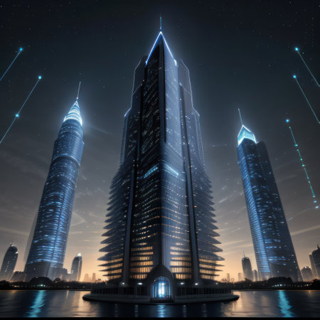 Futuristic skyscraper design with glowing blue equipment and dataの素材