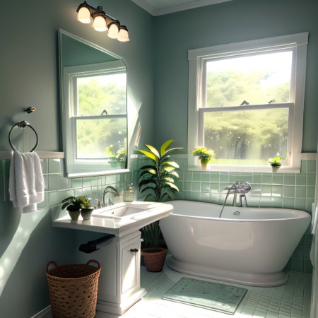 Bright bathroom with subway tile and a variety of green plants of deepの素材