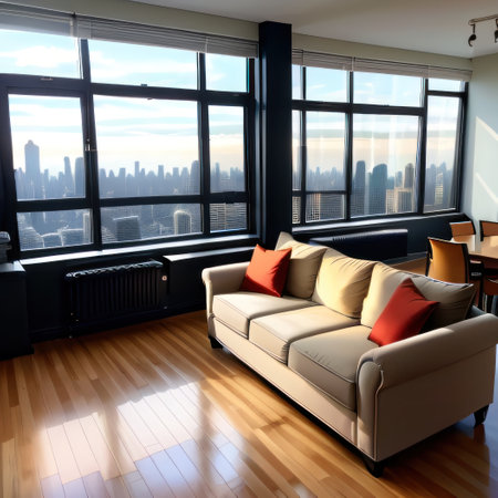 Interior lounge with striking view of a busy city metropolis with tallの素材