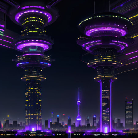 Cyberpunk Metropolis with Purple and Cyan Neon Night scene with Futuristicの素材