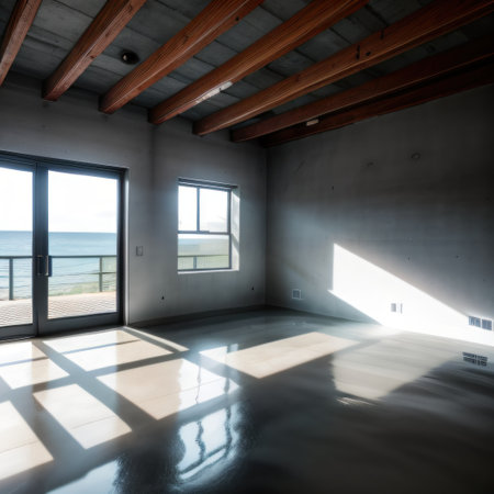 a modern concrete room with an ocean and roughの素材
