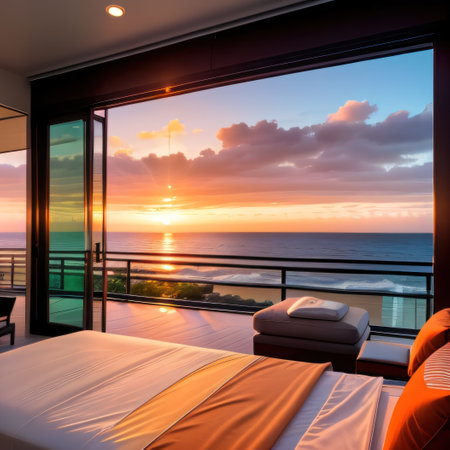 modern bedroom with a balcony looking out to the ocean during a sunsetの素材