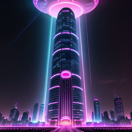 Cyberpunk style dark city with pink and blue neon lights gradientの素材