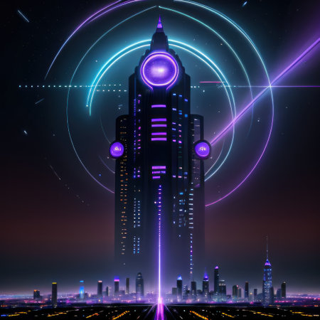 A futuristic night city glowing with neon Surrealistic Cyberpunk city inの素材