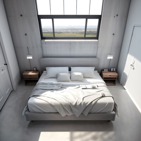 Modern bedroom with cozy concrete and largeの素材