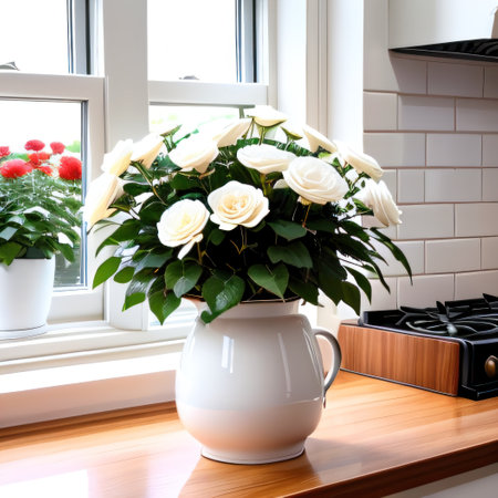 Closeup of kitchen White brick metro wooden countertops with kitchen Rosesの素材