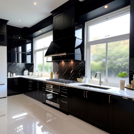 Front view of a modern designer kitchen with smooth handleless cabinetsの素材