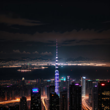 Anime cityscape at A moody wallpaper of a cute embracing the urban in theの素材